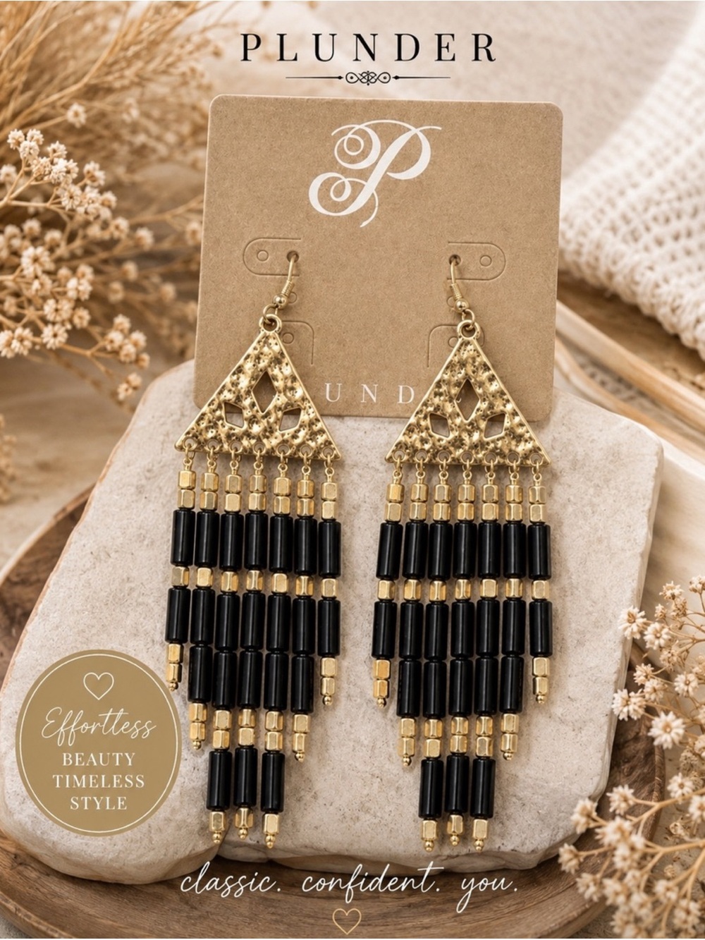 Black and Gold Beaded Fringe Earrings